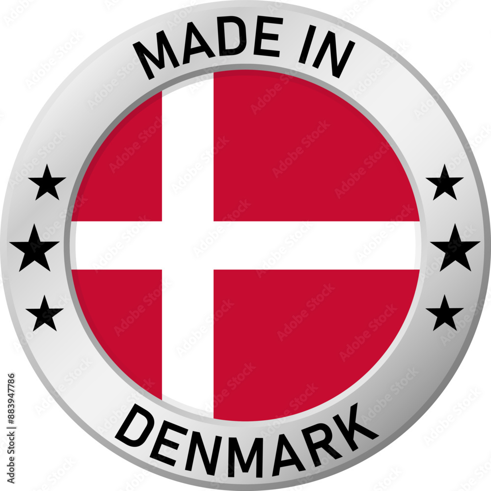 Chrome ring with the inscription: Made in Denmark, in the center - a circle and the flag of Denmark. For industrial enterprises, products, production. Vector illustration. Chrome ring with the inscription: Made in Denmark, in the center - a circle and the flag of Denmark. For industrial enterprises, products, production. Vector illustration.
