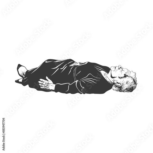 Recumbent Elderly Woman, Hand-Drawn Sketch, Monochrome Illustration