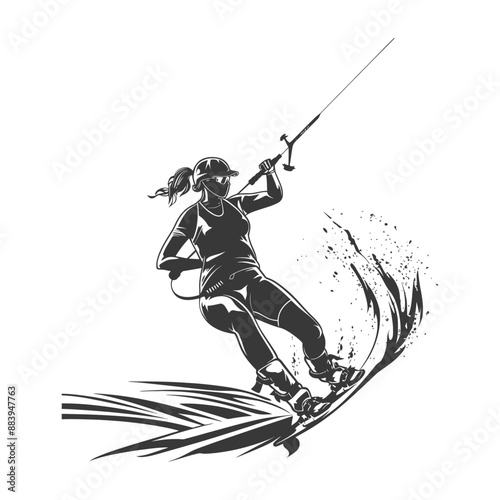 Monochromatic Illustration: Female Wakeboarder in Dynamic Action