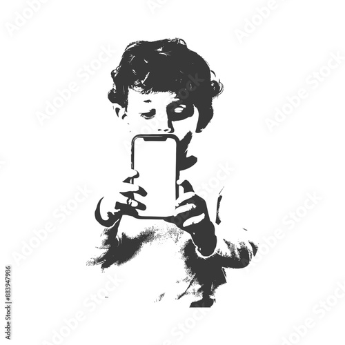 Monochrome Child Obscured by Smartphone, Stylized Portrait