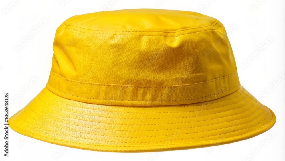 Fototapeta premium Vibrant yellow bucket hat with a slight curve, sitting atop a rustic wooden crate on a worn, weathered stone surface.