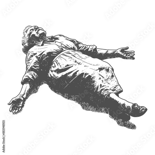 Recumbent Elderly Woman, Monochrome Line Art Illustration