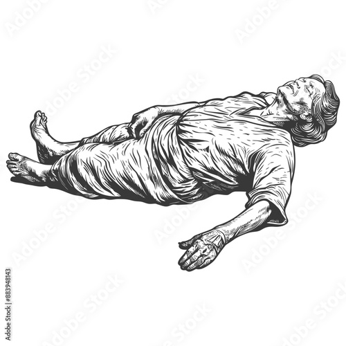 Recumbent Elderly Figure, Hand-Drawn Engraving Style Illustration