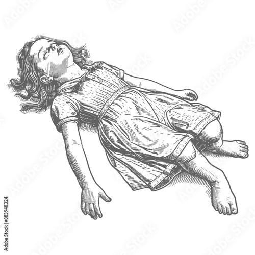 Vintage Style Ink Drawing: Recumbent Young Girl in Dress