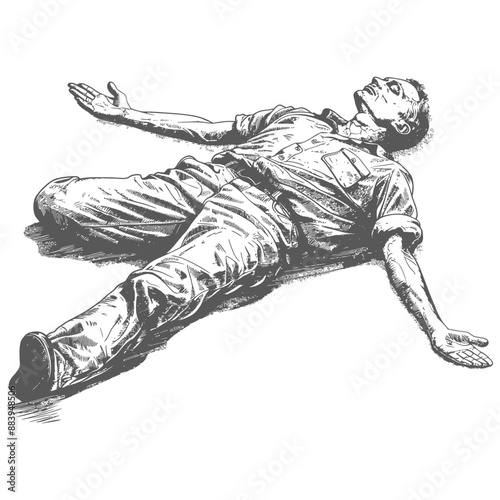 Pen-and-Ink Illustration: Supine Man in Workwear, Expressive Pose