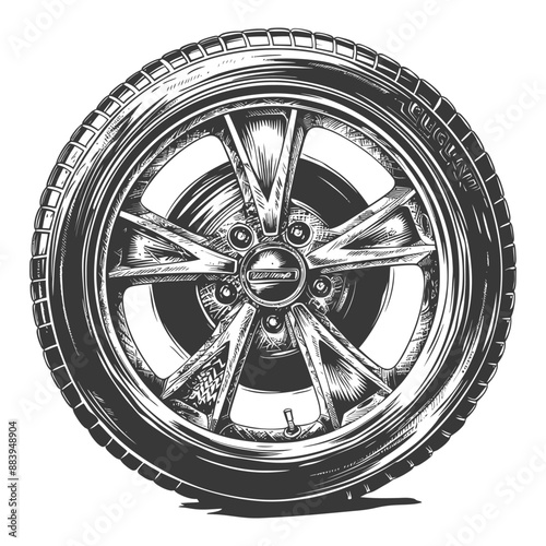 Vintage Hand-Drawn Chrome Alloy Wheel and Tire Illustration