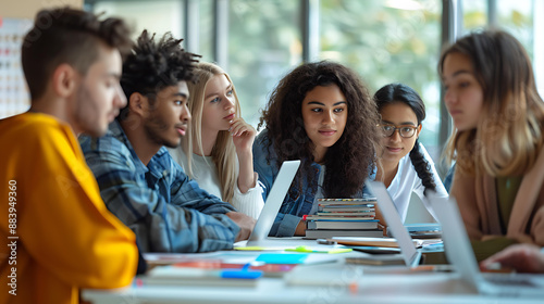 Group of diverse students working together around a table with laptops and notebooks, brainstorming ideas and solving problems in a bright, modern classroom
