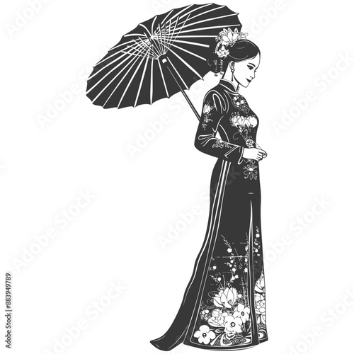 Elegant Asian Woman in Ao Dai with Traditional Parasol, Monochrome Illustration