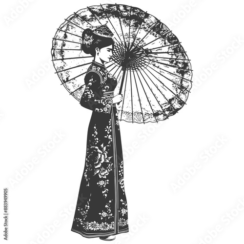 Ornate illustration of a traditional Japanese woman holding an umbrella
