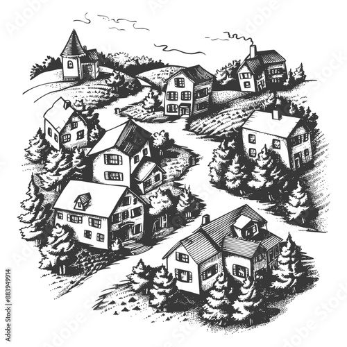 Scenic village with traditional houses and trees in countryside