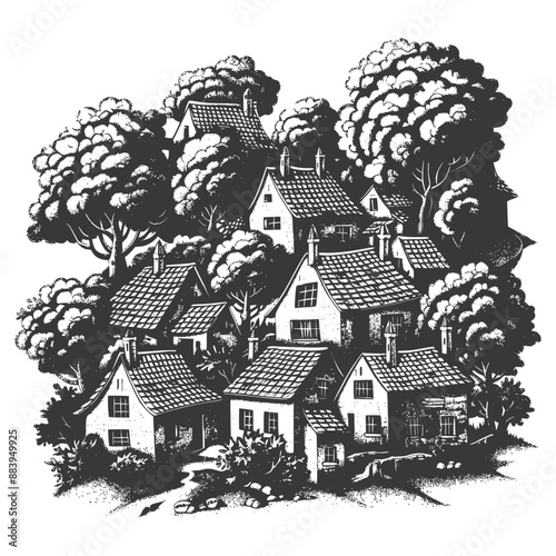 Quaint Village Nestled Amidst Towering Trees