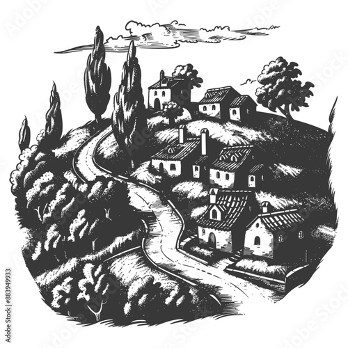 Scenic countryside landscape with cypress trees and houses on a hill