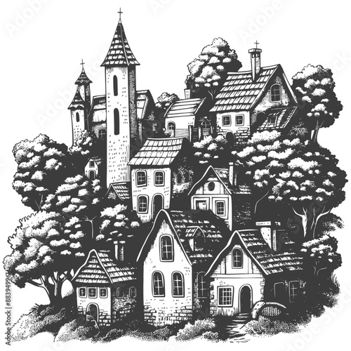 Quaint Village Nestled among Lush Trees and Medieval Architecture