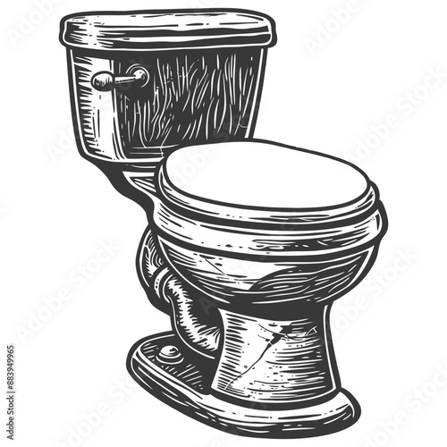 Detailed ink sketch of a vintage toilet bowl with a cracked seat