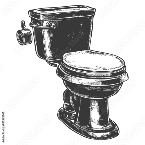 Detailed Ink Sketch of a Classic Toilet with Cistern and Toilet Paper