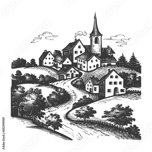 Scenic countryside village with church and trees in retro woodcut style