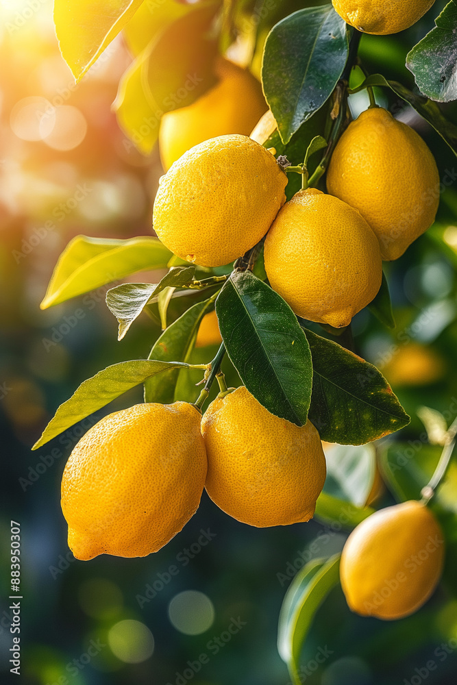 Lemons on a branch in the morning sunlight