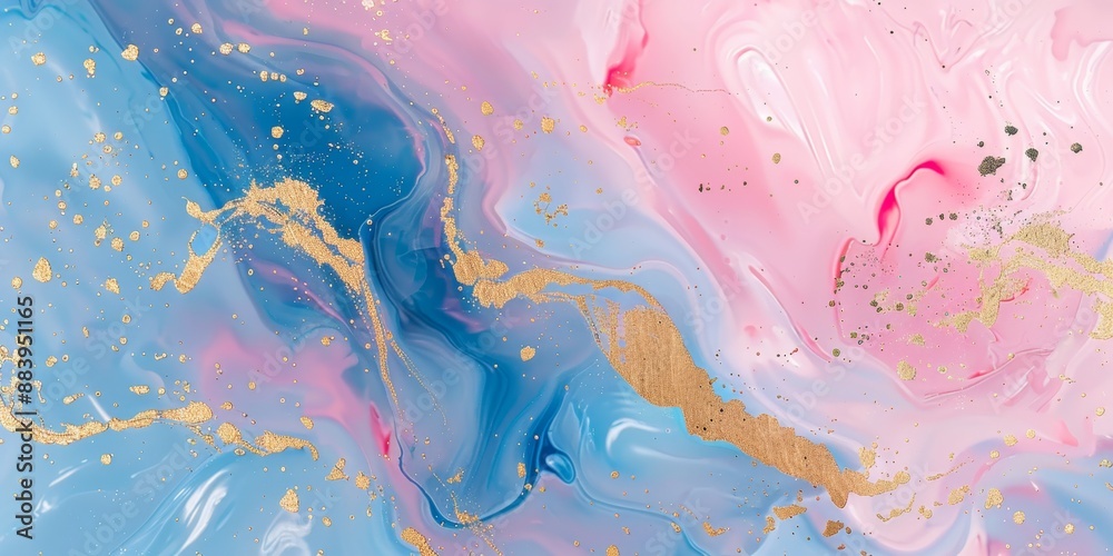 Naklejka premium Abstract Computer Wallpaper Featuring Pink and Blue Marble Liquid Texture with Golden Splashes, Luxurious Background, AI-Generated 4K HD Wallpaper for Elegant and Modern Design Aesthetics,Decorative p
