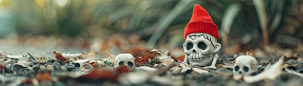 Fototapeta premium Whimsical skull with red hat among leaves and small skulls, autumn theme, imaginative and eerie fantasy setting in nature.