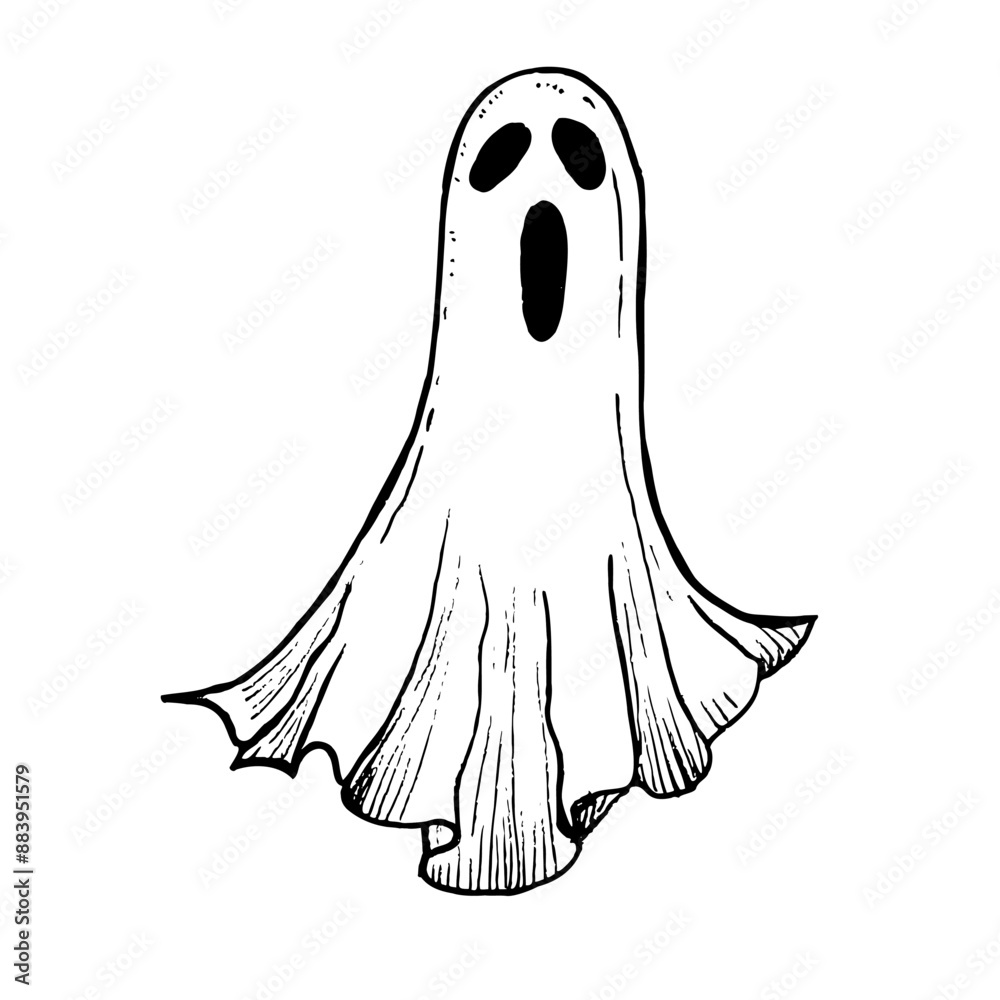 Vector halloween scary ghost. Hand painted linear phantom silhouette illustration. Graphic monochrome spooky monster for tattoo, magical hand painting for holiday, horror. Isolated on background. F Vector halloween scary ghost. Hand painted linear phantom silhouette illustration. Graphic monochrome spooky monster for tattoo, magical hand painting for holiday, horror. Isolated on background. F