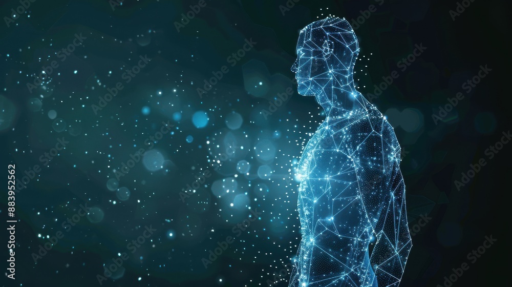 Glowing blue polygonal human figure on dark blue starry background Glowing blue polygonal human figure on dark blue starry background