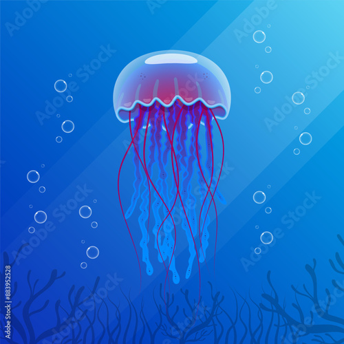 Realistic jellyfish blue lightening, poisonous jellyfish in deep water with deep ocean creature