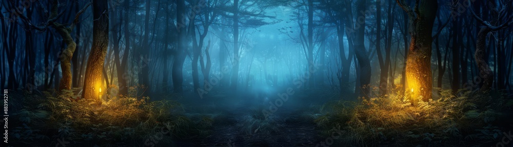 Obraz premium Enchanted forest path illuminated by mystical glowing lights, creating a magical and eerie twilight atmosphere with trees and fog.