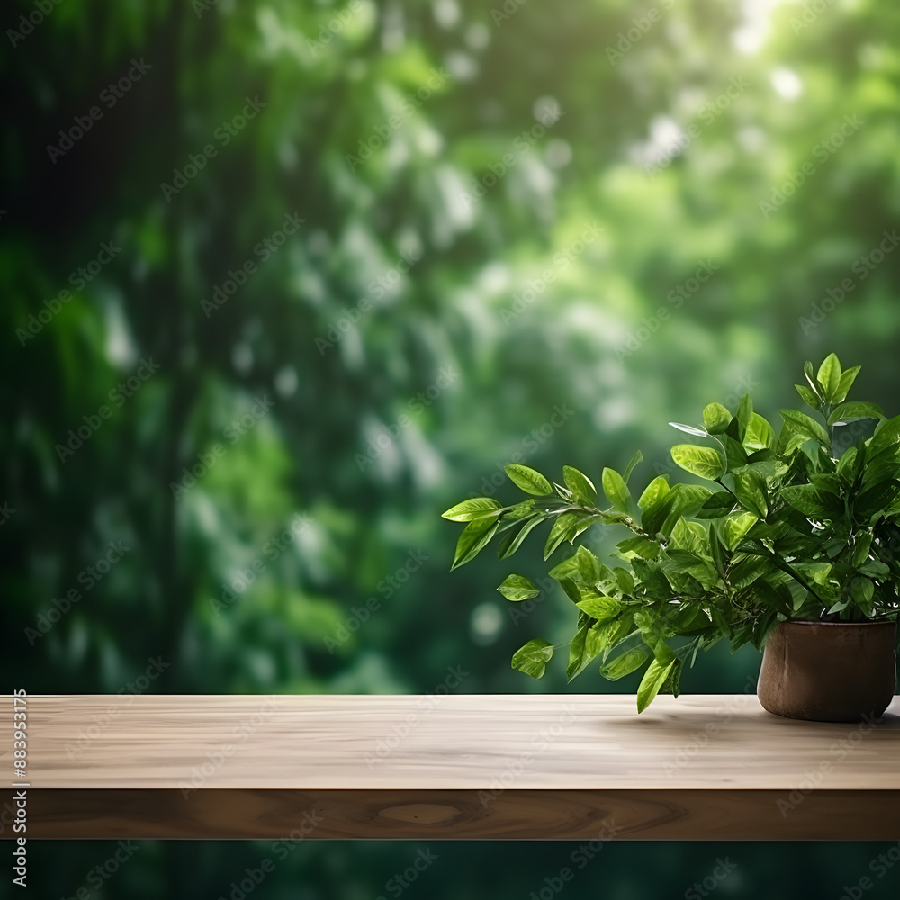 wood table green wall background with sunlight window create leaf shadow on wall with blur indoor green plant foreground. wood table green wall background with sunlight window create leaf shadow on wall with blur indoor green plant foreground.