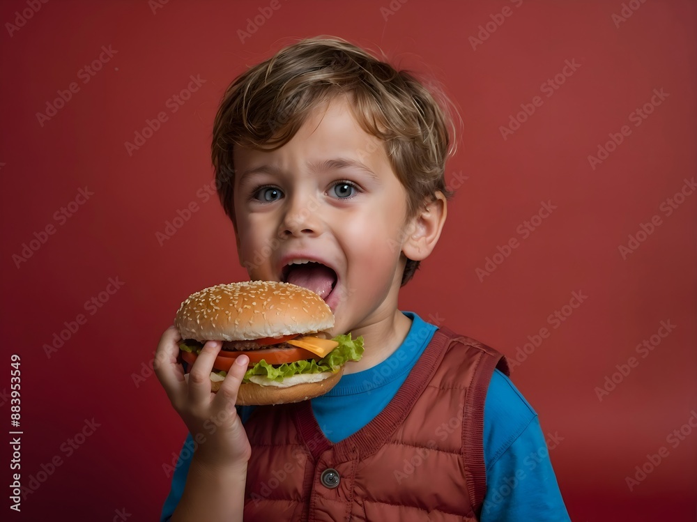 Portrait of a little boy eating hamburger, red background with copy space Portrait of a little boy eating hamburger, red background with copy space