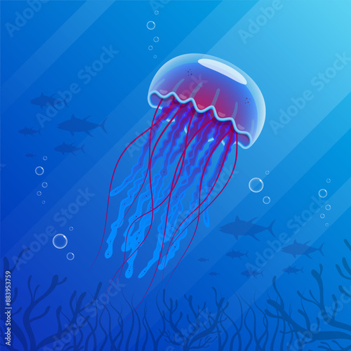 Realistic jellyfish blue lightening, poisonous jellyfish in deep water with deep ocean creature