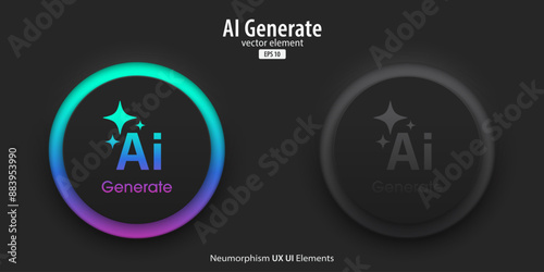 Set of generative AI buttons. Active and inactive buttons with generated icons. Press the button to create ideas. Neumorphism design style for apps, websites, and Interfaces. Vector illustration.