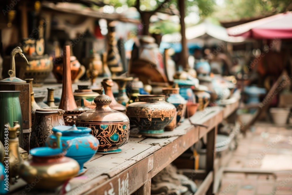A Vibrant Display of Ornate Vases at an Open-Air Market in Southeast Asia A Vibrant Display of Ornate Vases at an Open-Air Market in Southeast Asia