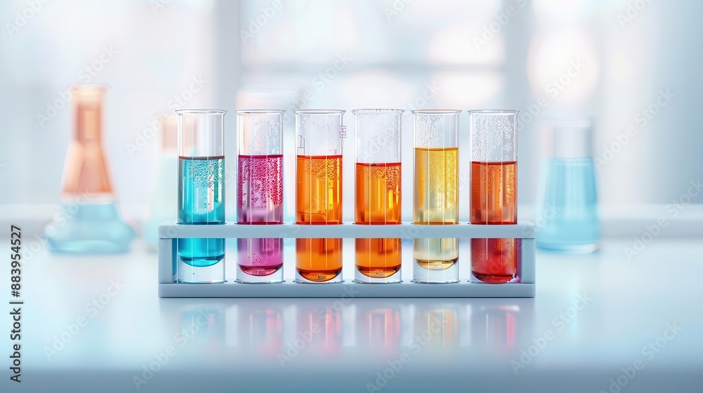 Closeup of colorful liquid samples in test tubes on a lab bench. Closeup of colorful liquid samples in test tubes on a lab bench.