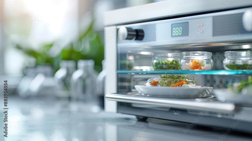 Modern stainless steel oven with glass door, displaying fresh vegetables on shelves. Modern stainless steel oven with glass door, displaying fresh vegetables on shelves.
