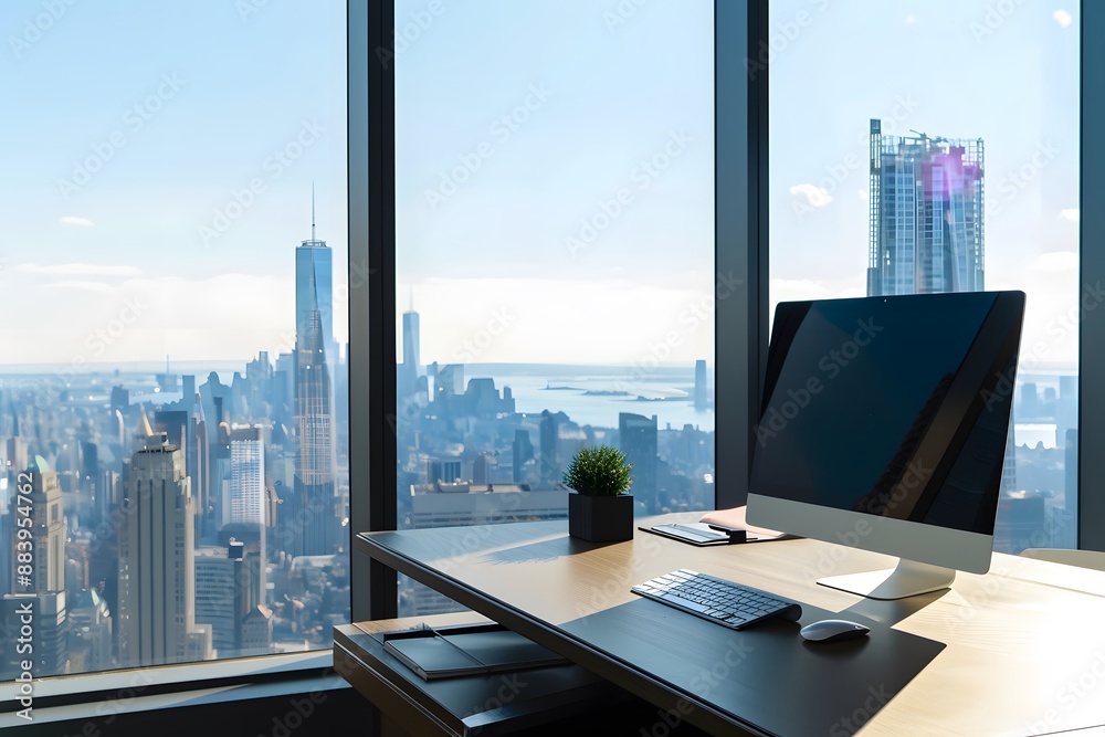 Modern office desk with computer overlooking a city skyline through ...
