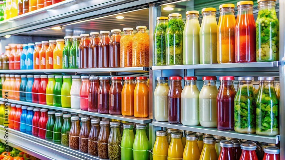 Vibrant bottles and food products overflow from a well-stocked supermarket refrigerator, showcasing variety of juices, dairy, and ready-to-eat meals in a colorful and organized display. Vibrant bottles and food products overflow from a well-stocked supermarket refrigerator, showcasing variety of juices, dairy, and ready-to-eat meals in a colorful and organized display.