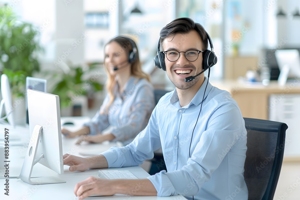 Smiling customer service representative wearing a headset and working at a modern office desk. Smiling customer service representative wearing a headset and working at a modern office desk.