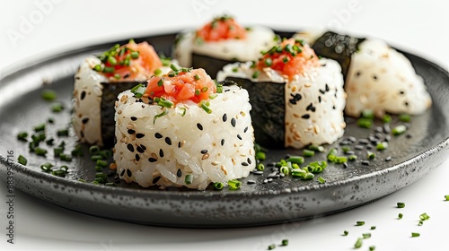 Onigiri with accompaniments in a black plate, looks delicious on a clean white background, typical Japanese food