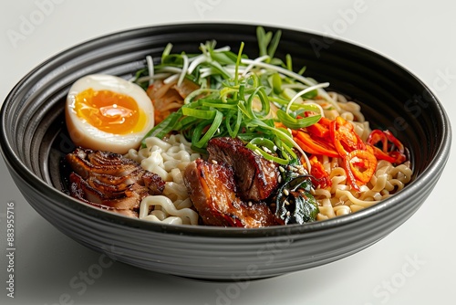 Ramen with accompaniments in a black plate, looks delicious on a clean white background, typical japanesse food