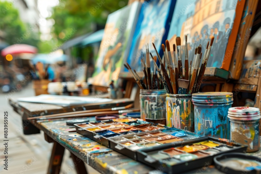 A Painter's Palette Set Up In A Busy Parisian Street A Painter's Palette Set Up In A Busy Parisian Street