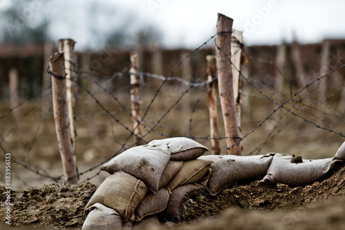 Fotografie World war one history : sandbags and barbed wire, recreated trench system on the former western frontline in Europe