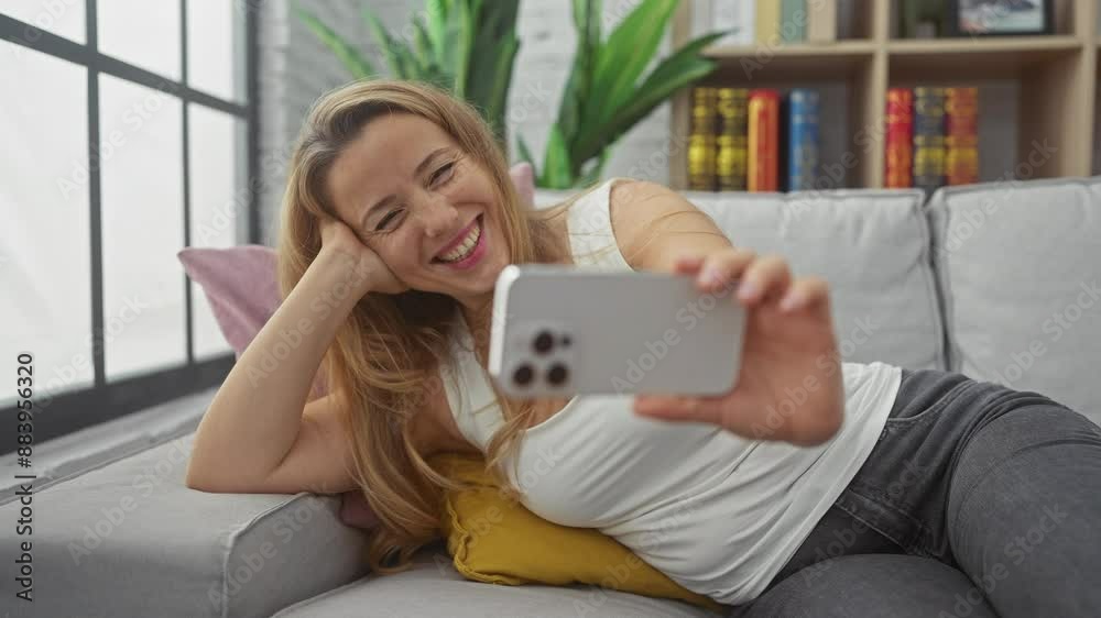 Blonde woman laughing and taking selfie with smartphone on couch at home. Blonde woman laughing and taking selfie with smartphone on couch at home.