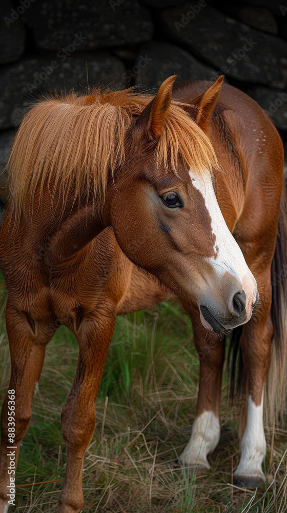 Obraz premium Pregnant Chestnut Horse Standing in Pasture with Stone Wall Backdrop on Cloudy Day; Equine Animal Maternity, Serene Countryside Scene, Animal Expectancy