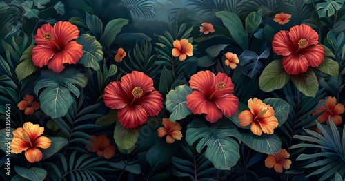 Vibrant Red and Yellow Flowers in a Jungle Scene