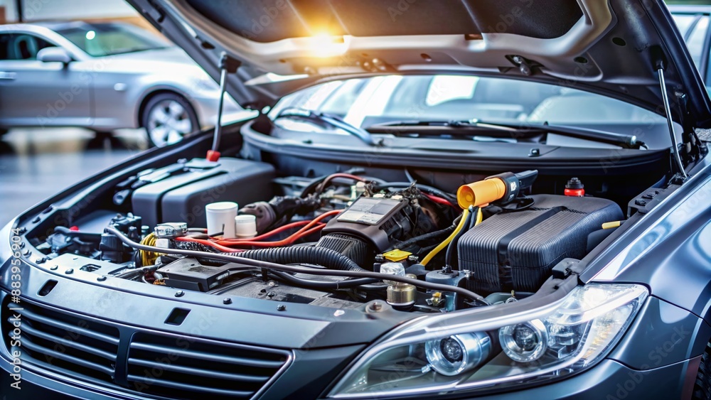 Diagnostical equipment and tools scattered around open hood of modern sedan, with exposed engine components and wires, indicating troubleshooting and repair process underway. Diagnostical equipment and tools scattered around open hood of modern sedan, with exposed engine components and wires, indicating troubleshooting and repair process underway.