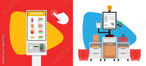 Self scan checkout fast food restaurant self ordering kiosk, vector flat illustration