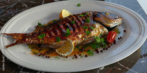   Grilled fish braised fish food on white plate and table background, A large fish is served on a table with other food and herbs on a white plate
 photo