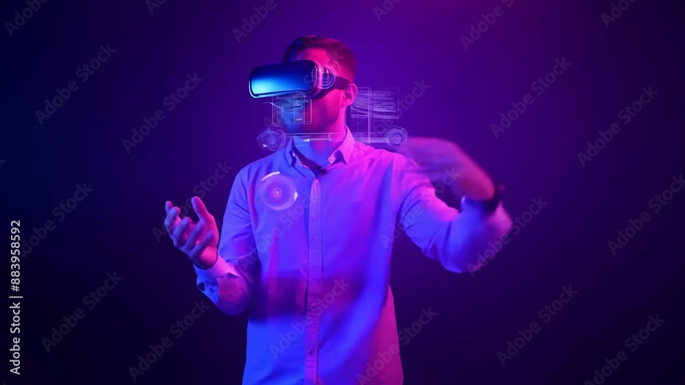 Man have fun with vr glasses. Guy play virtual reality game. Futuristic neon colorful background. Cyber space future. Digital technology entertainment. Metaverse simulation world. Gadget set, goggles.