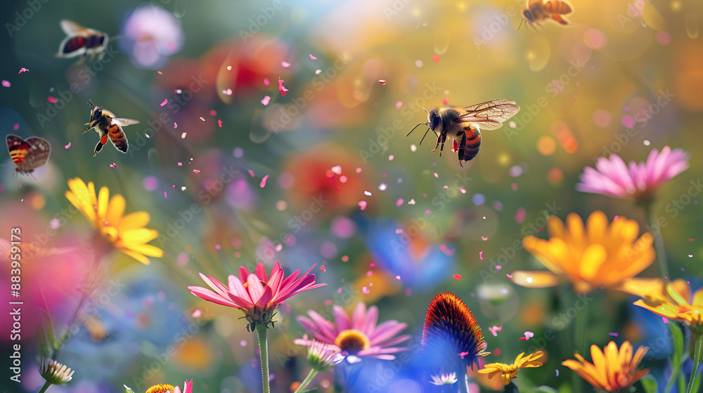 A field of flowers with a group of bees flying around them. A field of flowers with a group of bees flying around them.