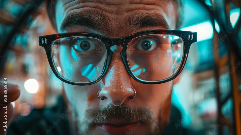 Young man with damaged eyeglasses at optician s shop searching for repair services